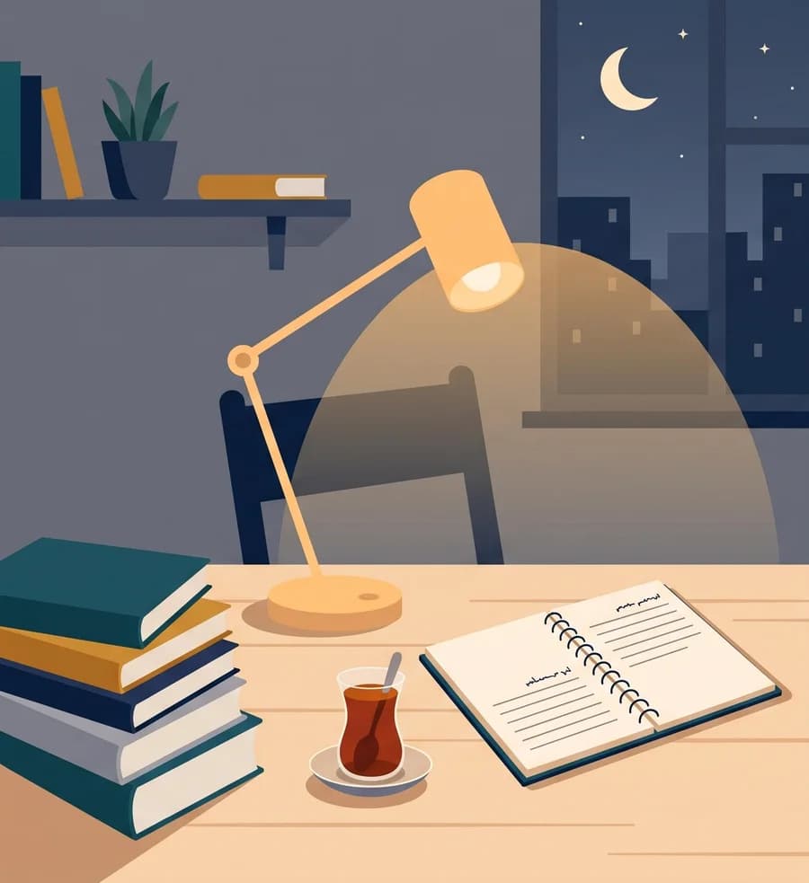 میز مطالعه‌ای کنار پنجره، با چراغ‌مطالعه، کتاب‌ها، دفتر و یک استکان چای